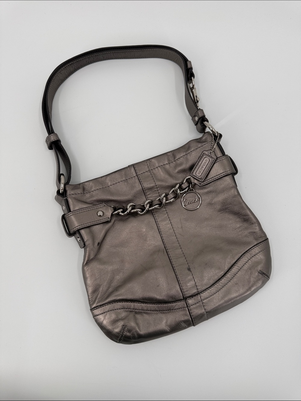 Coach Metallic Gunmetal Leather Shoulder Bag with Chain Accent